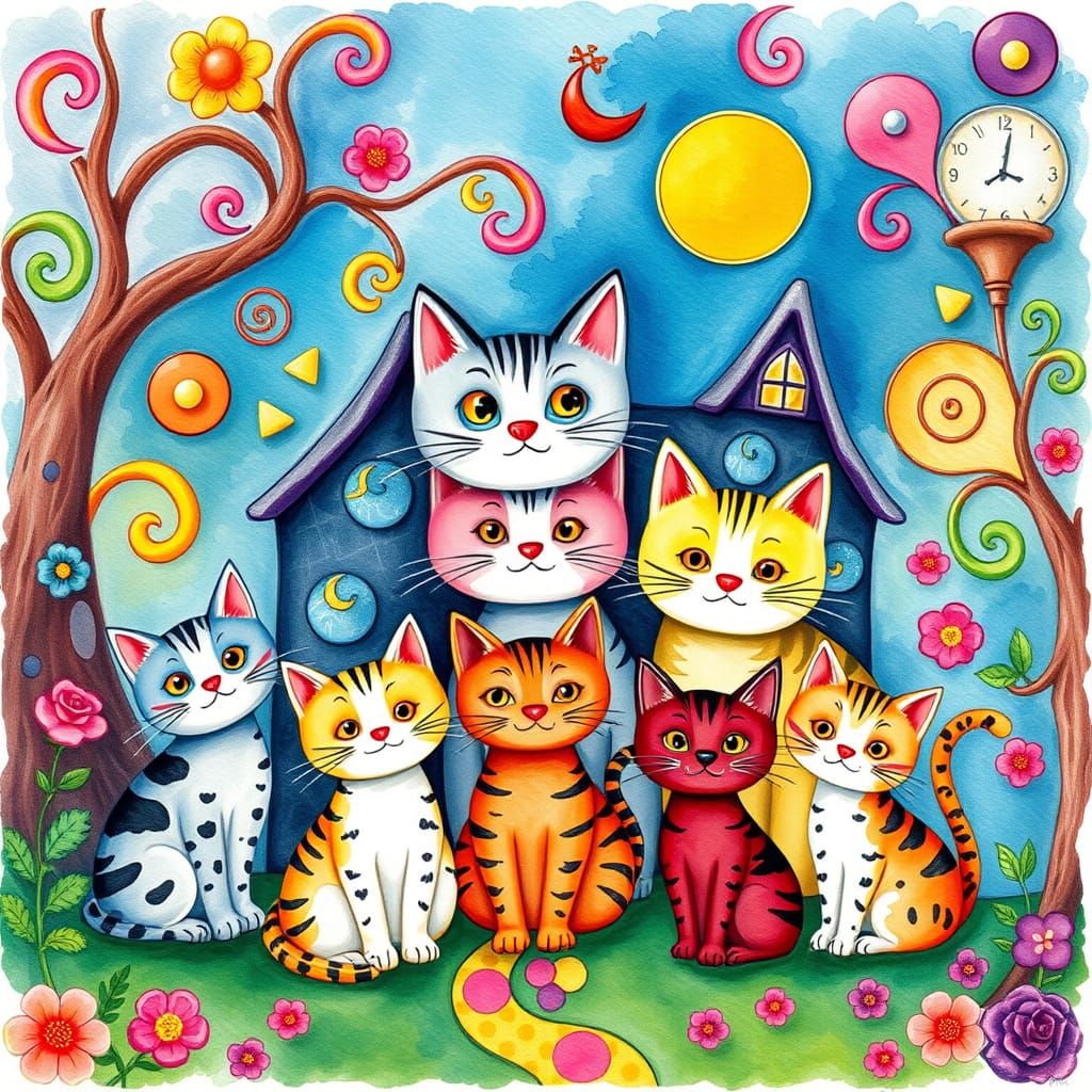 Cheerful Cat Family in Candyland Gouache Illustration