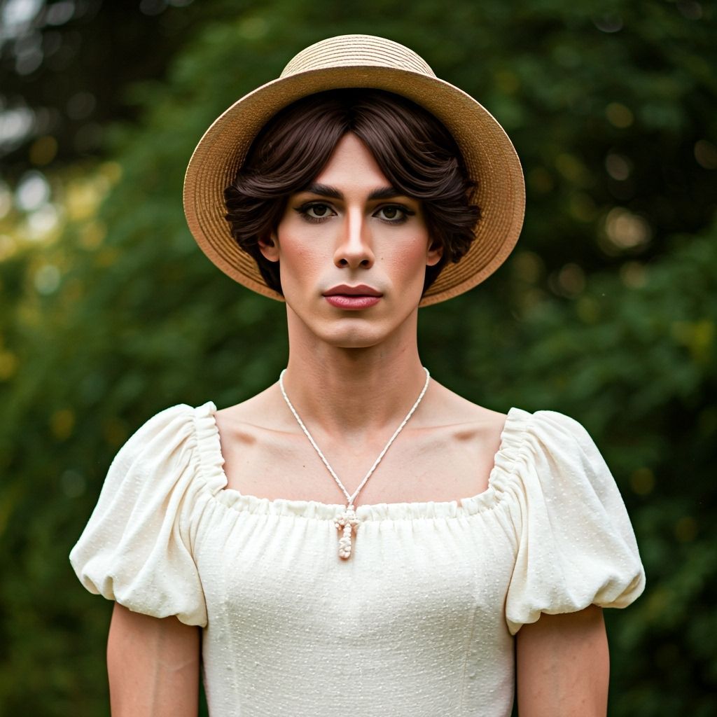 Muscular Young Man in Frilly Dress in Garden