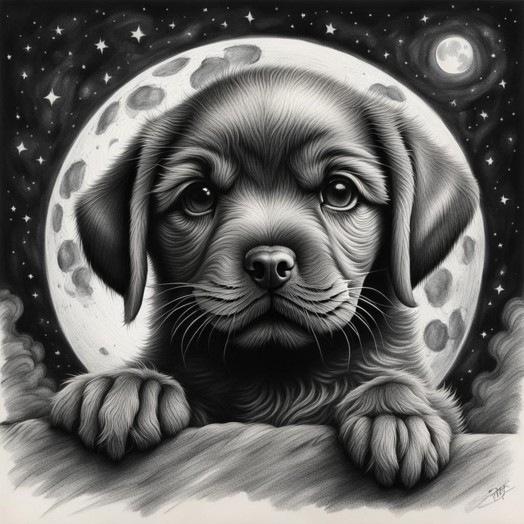 Cute Puppy and Moon in Charcoal Drawing