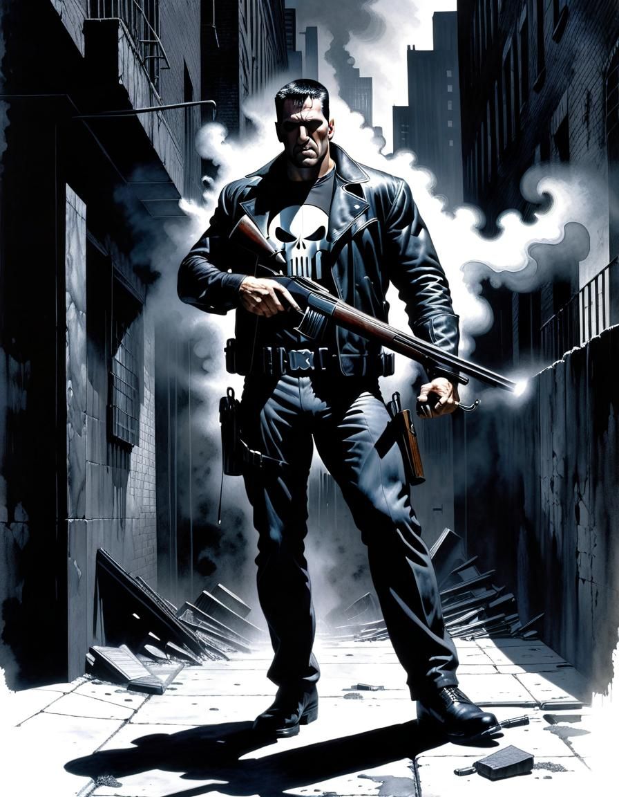 Punisher Portrait in Surreal Atompunk City-Noir