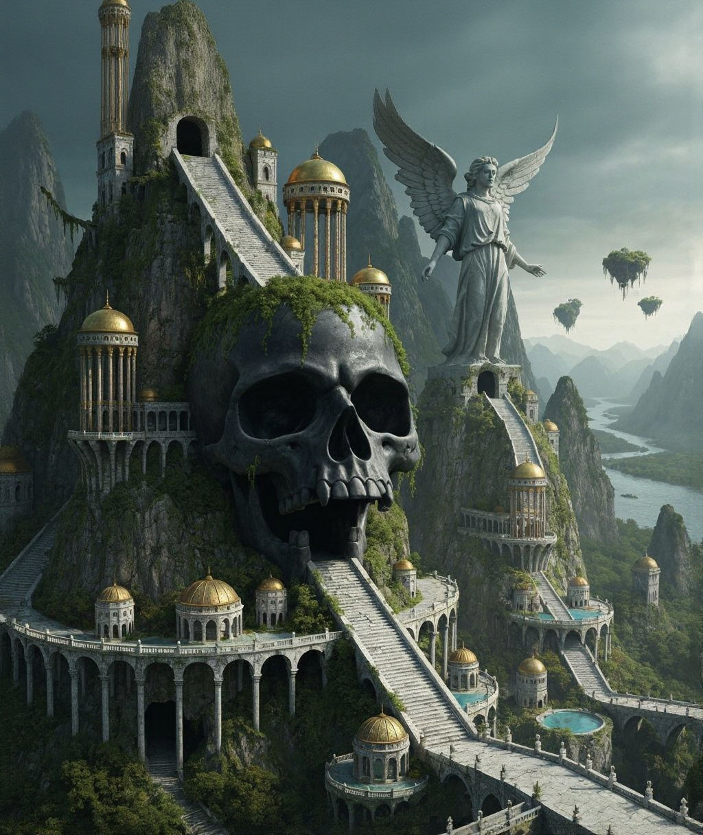 Giant Skull Temple City on Mountain with Angel Statue