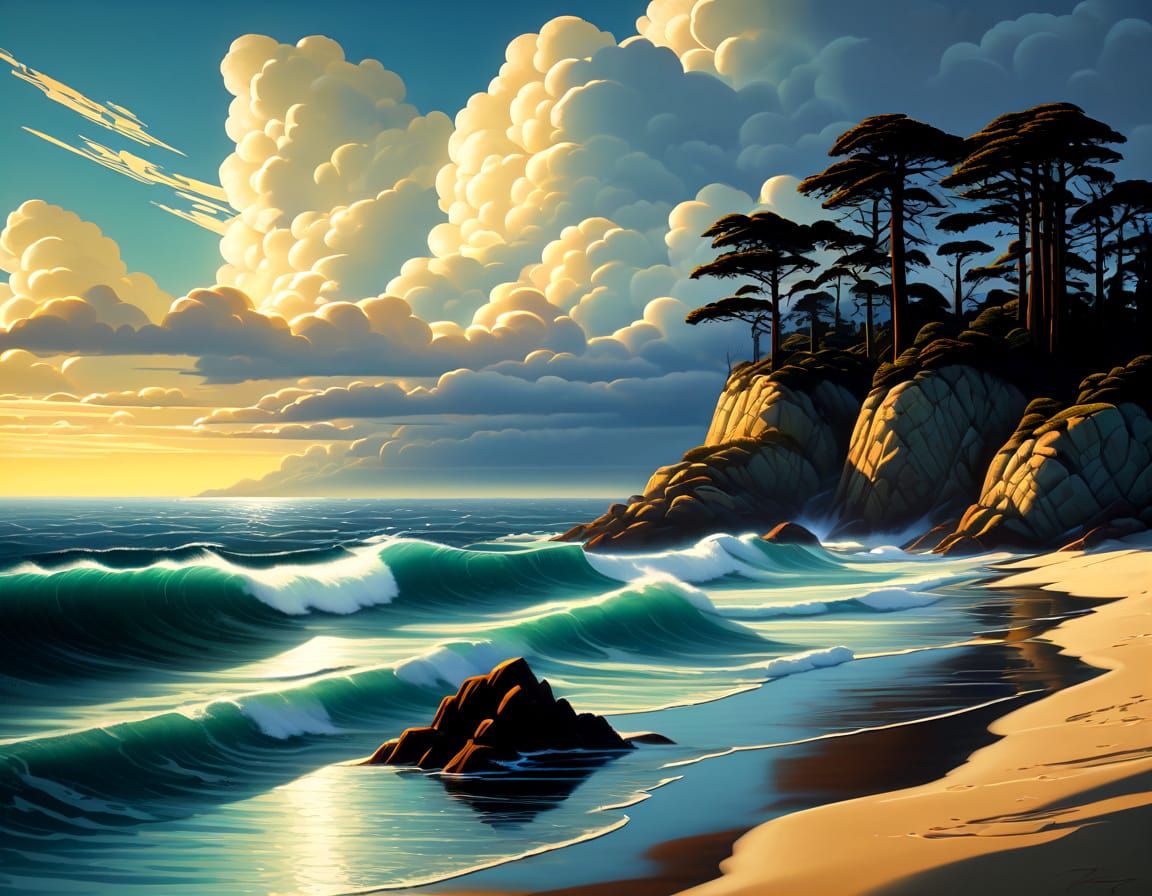 Surreal Monterey Coastline in Eyvind Earle Style