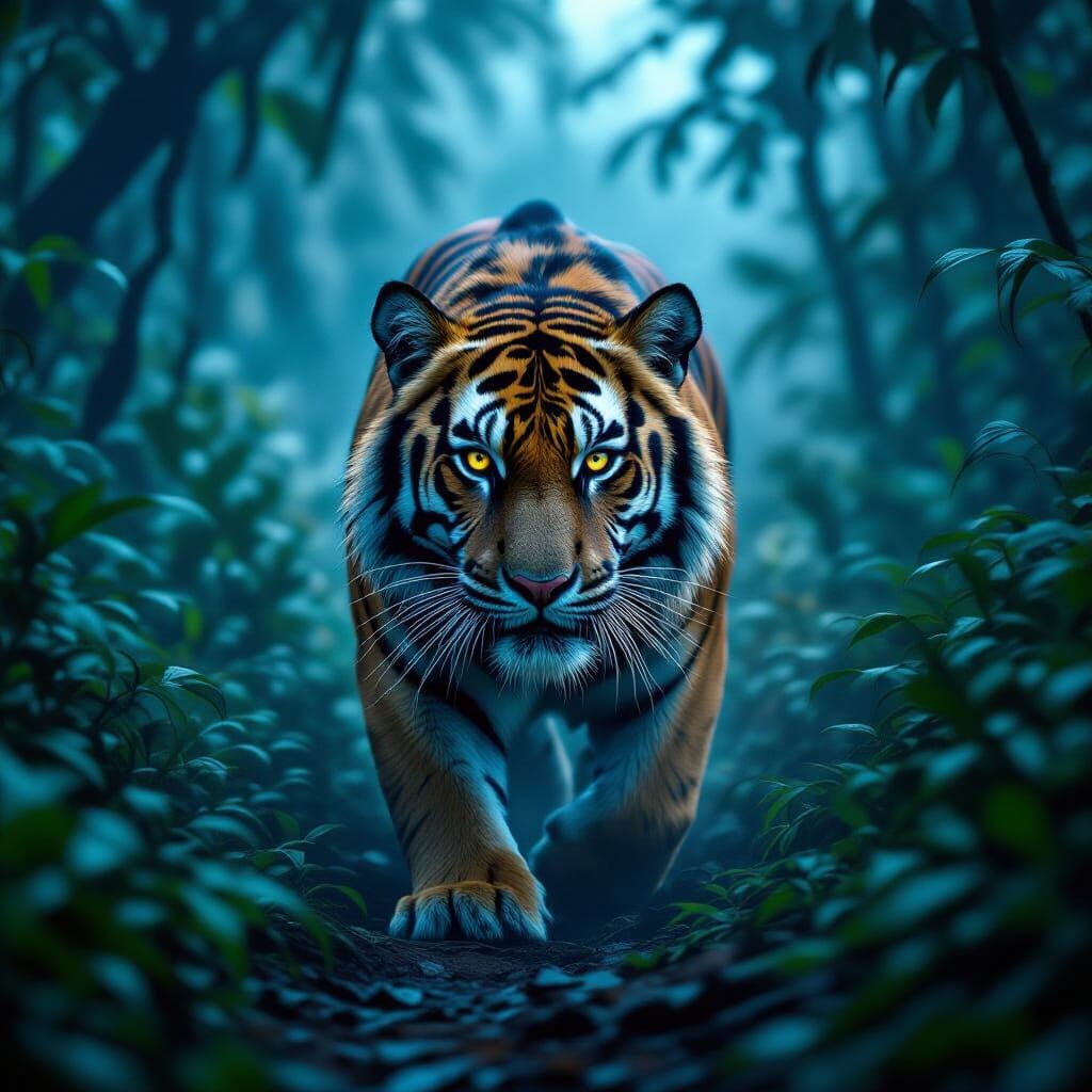 Bengal Tiger Prowls Jungle in Hyperrealistic Style