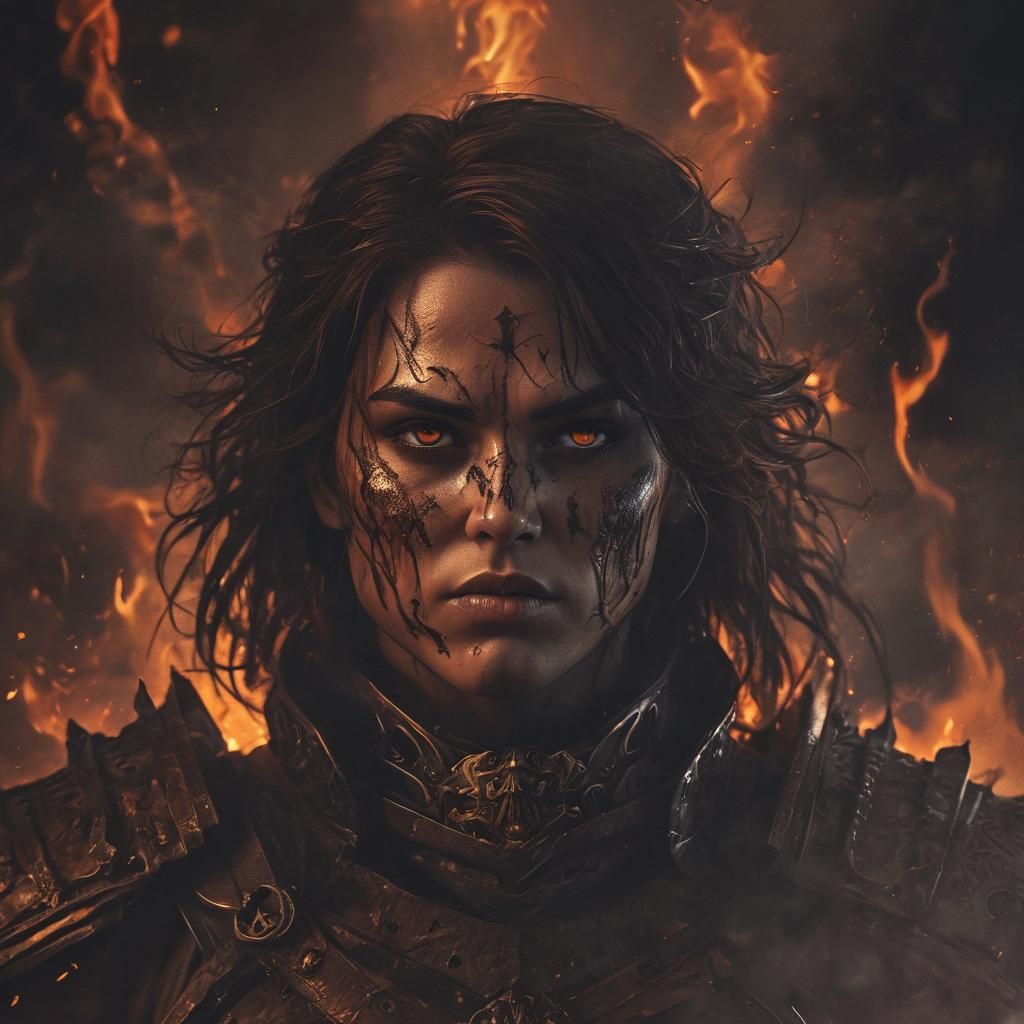 Epic Dark Fantasy Warrior Portrait in Flames