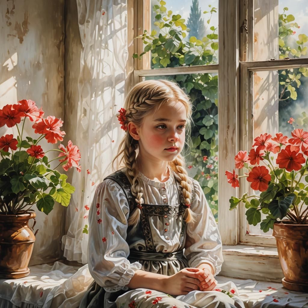 Girl with Geraniums: Volumetric Impressionist Painting