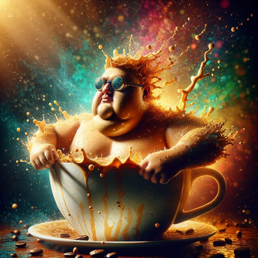 Cappuccino with Swimming Man: Hyperrealistic Splash Art