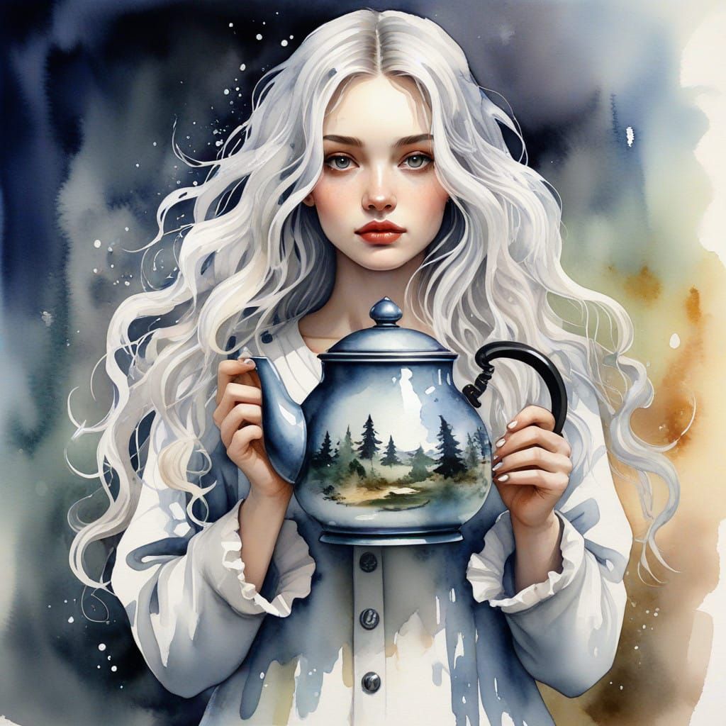 Surreal Watercolor of a Girl with a Decorated Tea Kettle