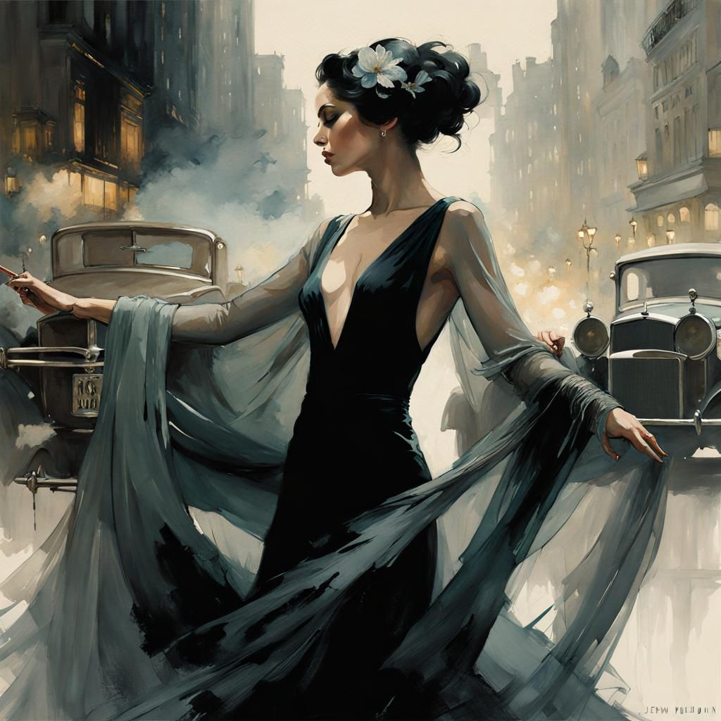 Noir Smoke Dancer in Watercolor Wash