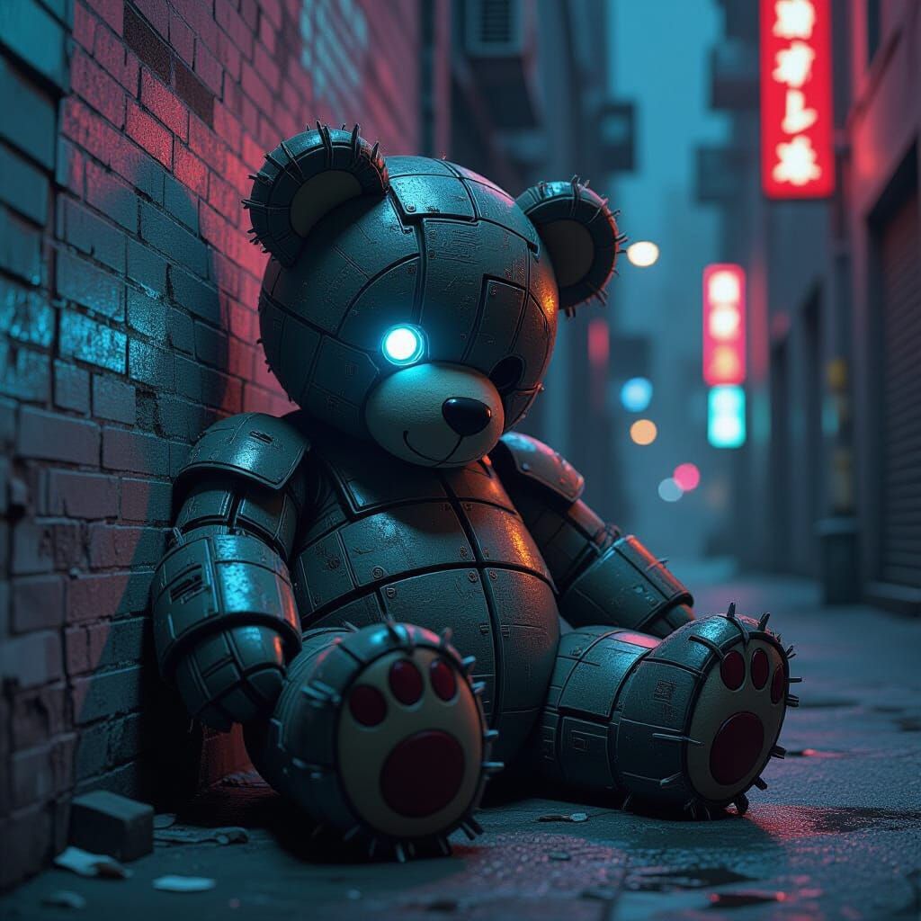 Colossal Robotic Teddy Bear in Gritty Cyberpunk Alley