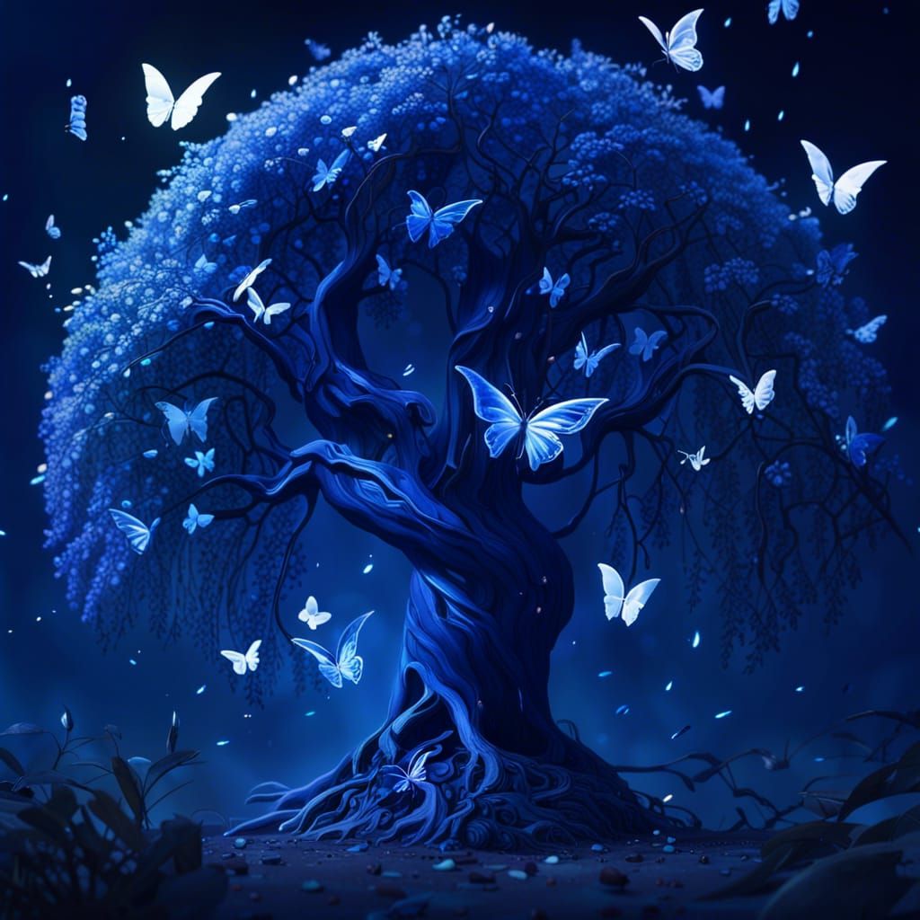 Blue Willow Tree at Night with Butterflies, Digital Art