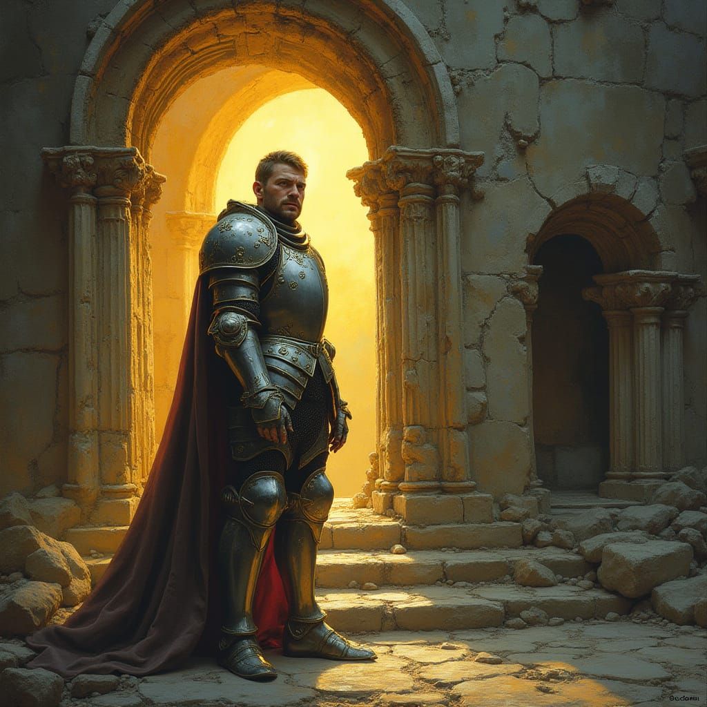 Medieval Knight Guards Cosmic Portal in Ornate Armor