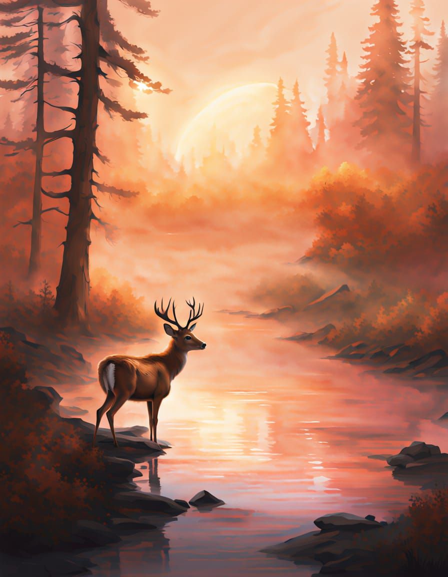 Ethereal Digital Painting of Deer in Foggy Forest at Sunset