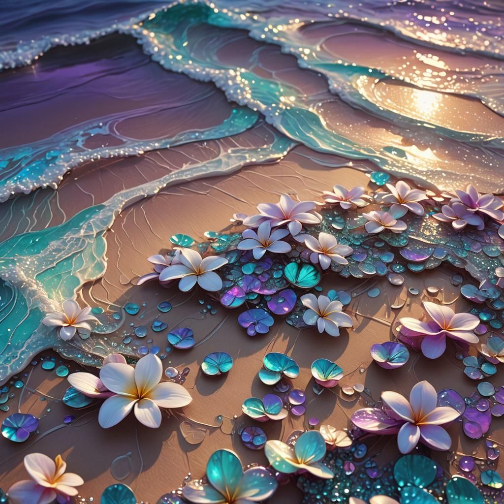 Holographic Fractal Plumeria with Iridescent Beach Waves