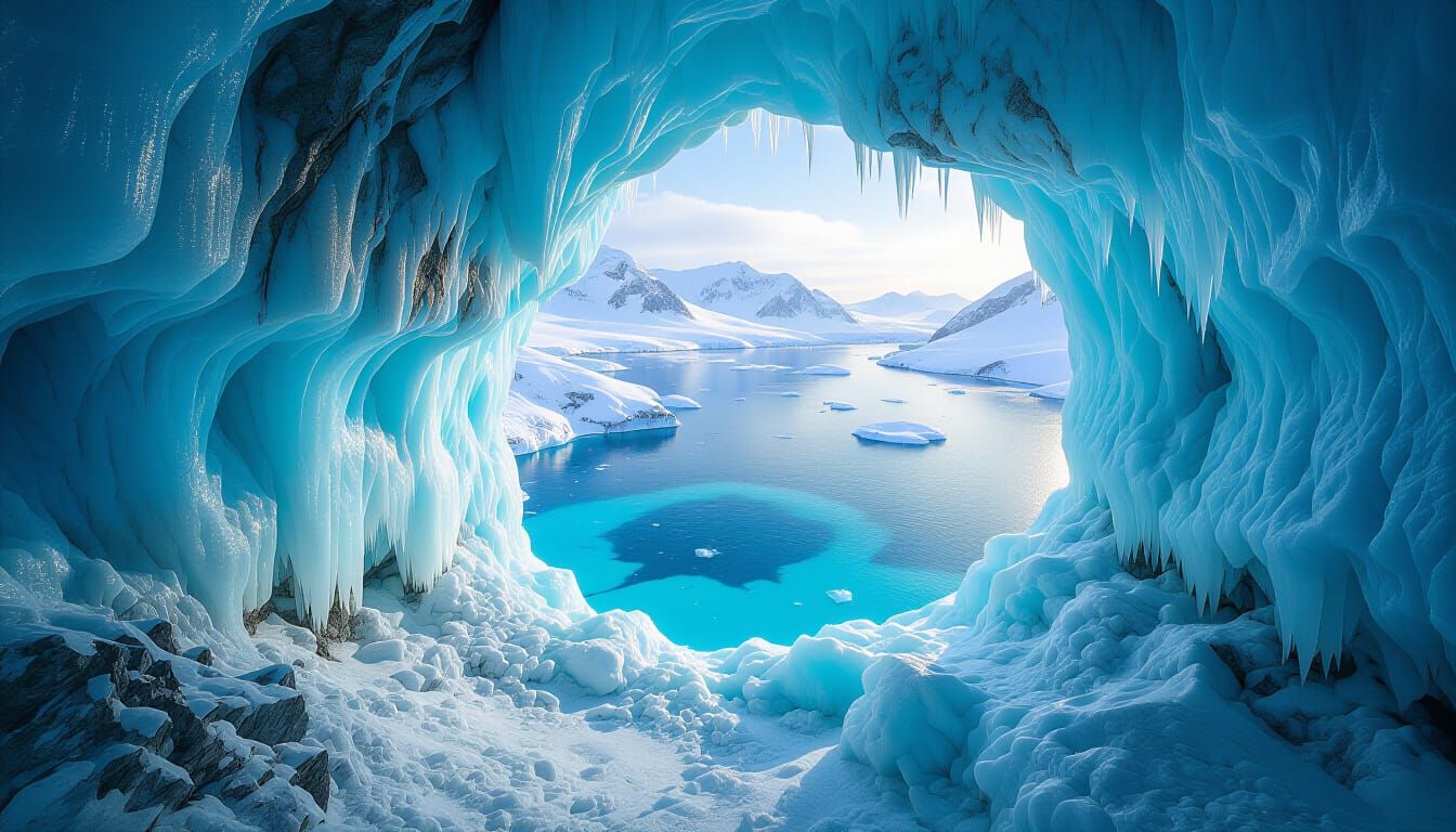 Aerial View of Icy Cave with Blue Lake