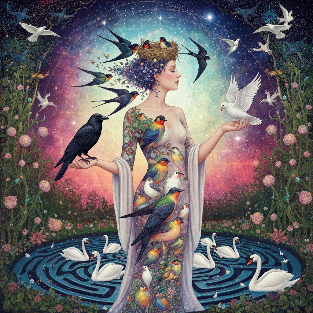 Ethereal Woman Merges with Cosmic Birds and Starlight