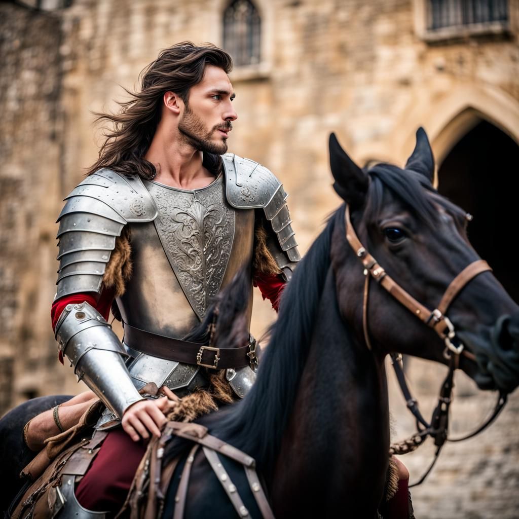 Passionate Kiss Between Knights Before Medieval City