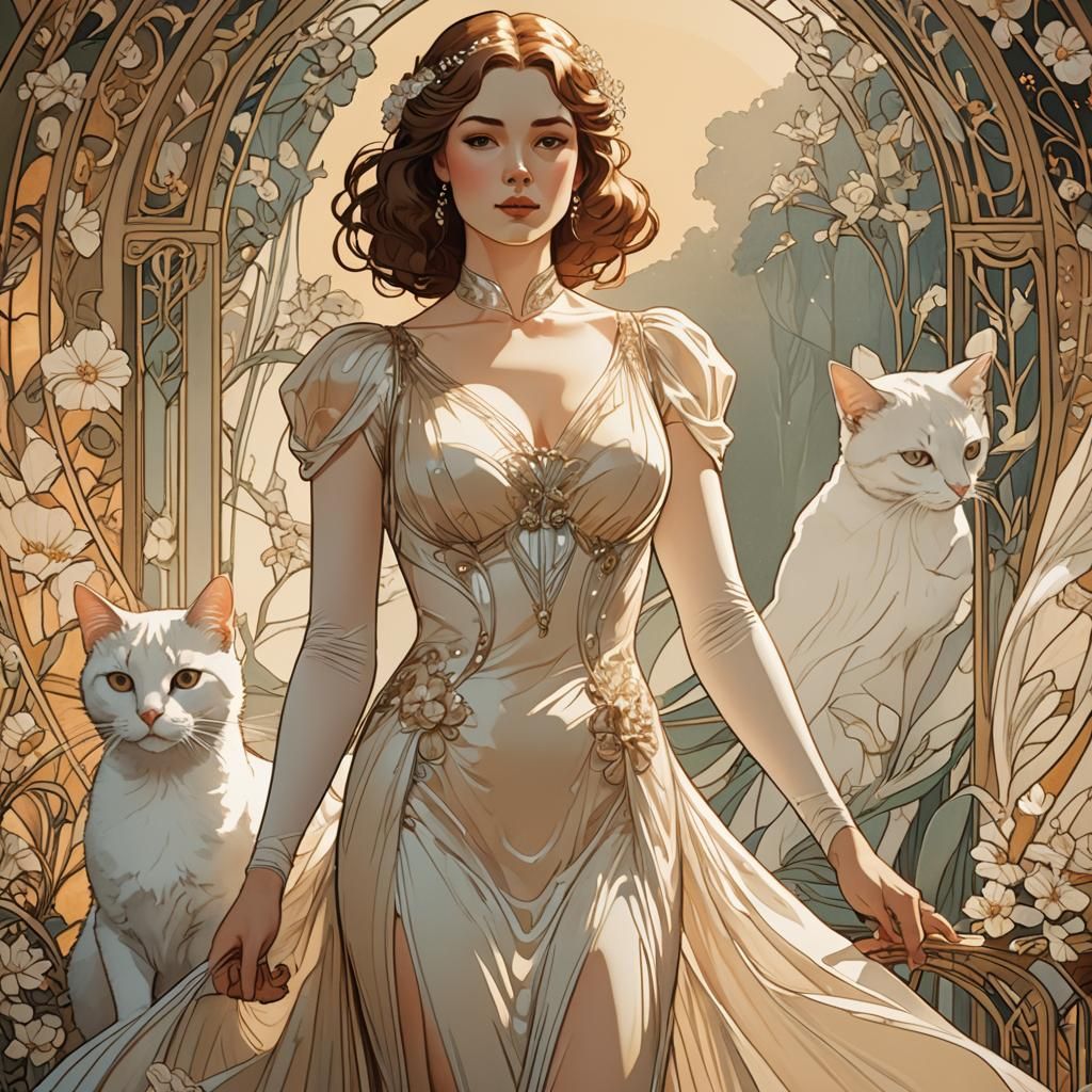 Elegant Lady with Cat in Art Nouveau Style