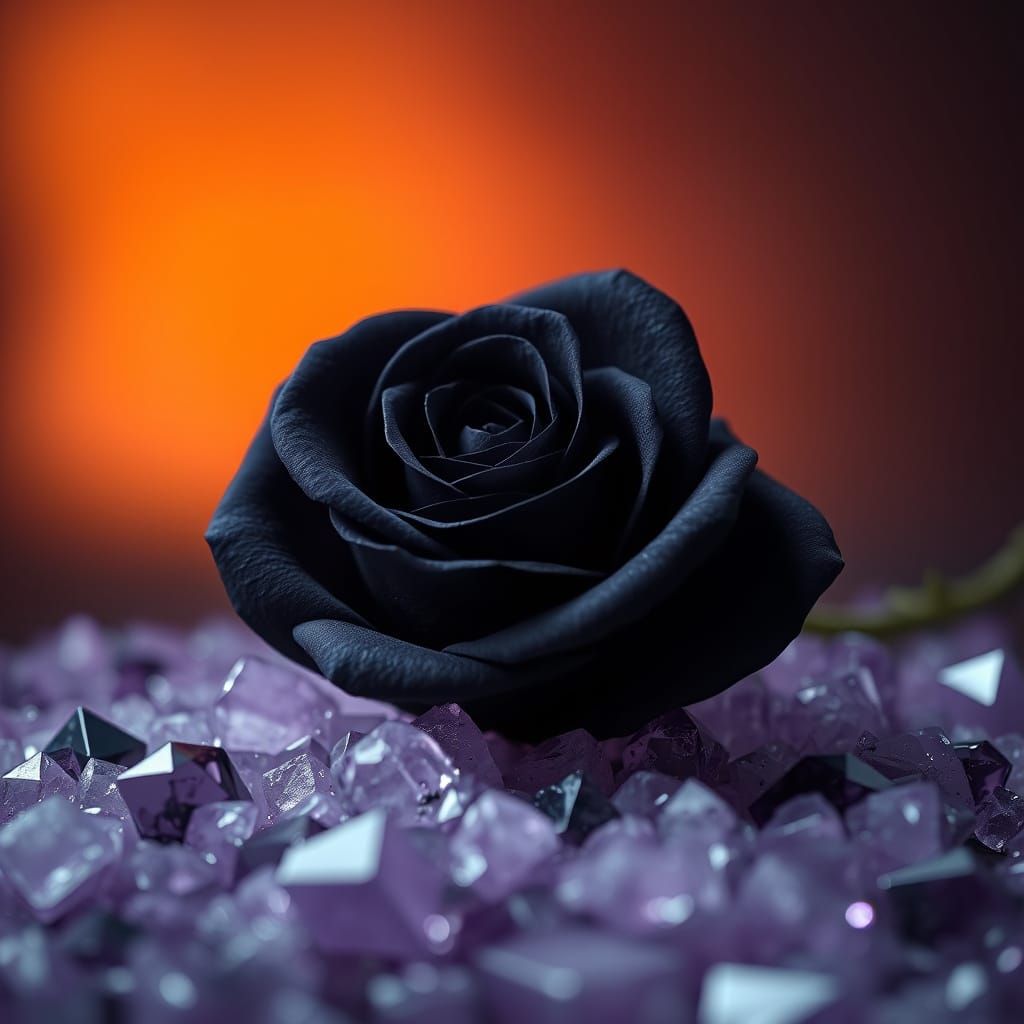Black Rose on Amethyst Crystals in Cosmic Surrealism