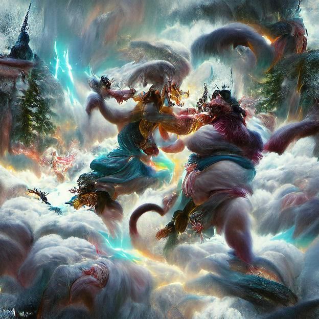 Heavenly Battle of Gods and Demons in Luminous Style