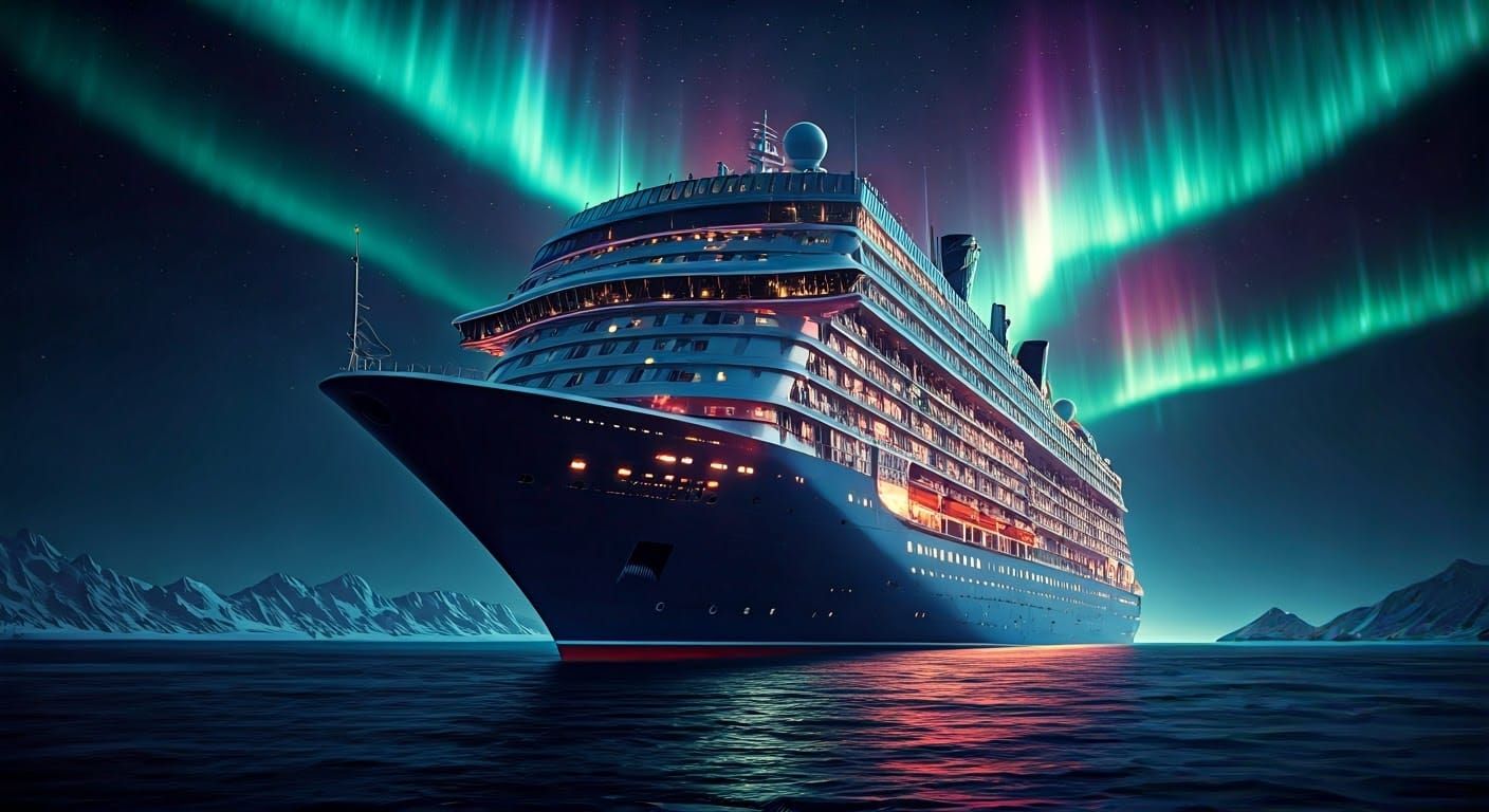 Cyberpunk Cruise Ship Under Aurora Borealis