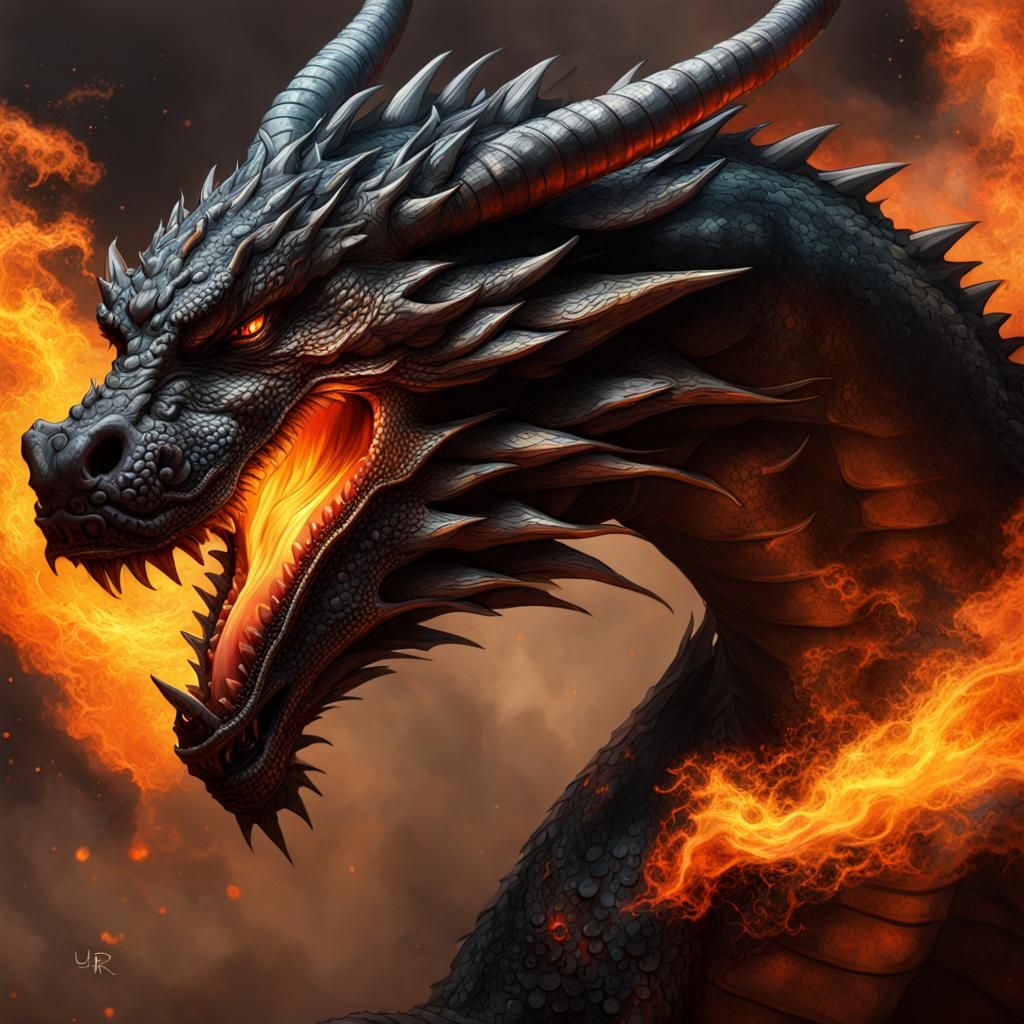 Black Ur-Dragon Breathing Fire, Hyperrealistic Splash Art
