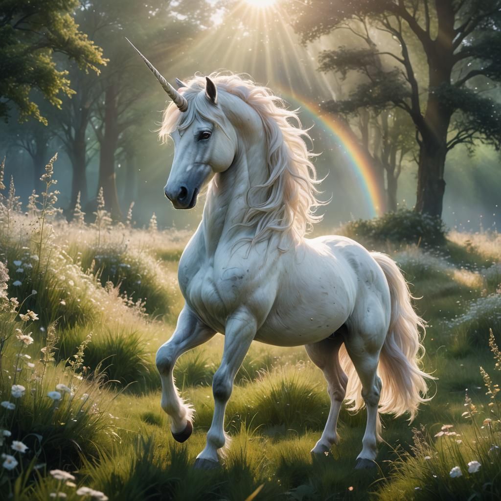 A majestic horse-like creature with a spiraled horn jutting gracefully from its forehead, made of opalescent material th...