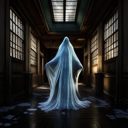 Ethereal Ghost in Dilapidated House: Dark Fantasy Art
