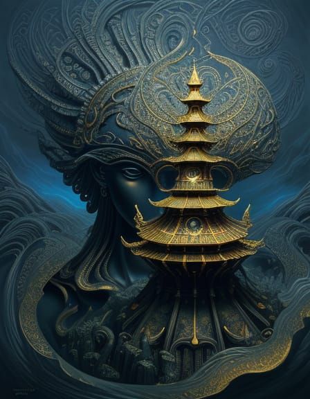 Surreal Heart and Face Statue on Pagoda, Ethereal Dreamscape