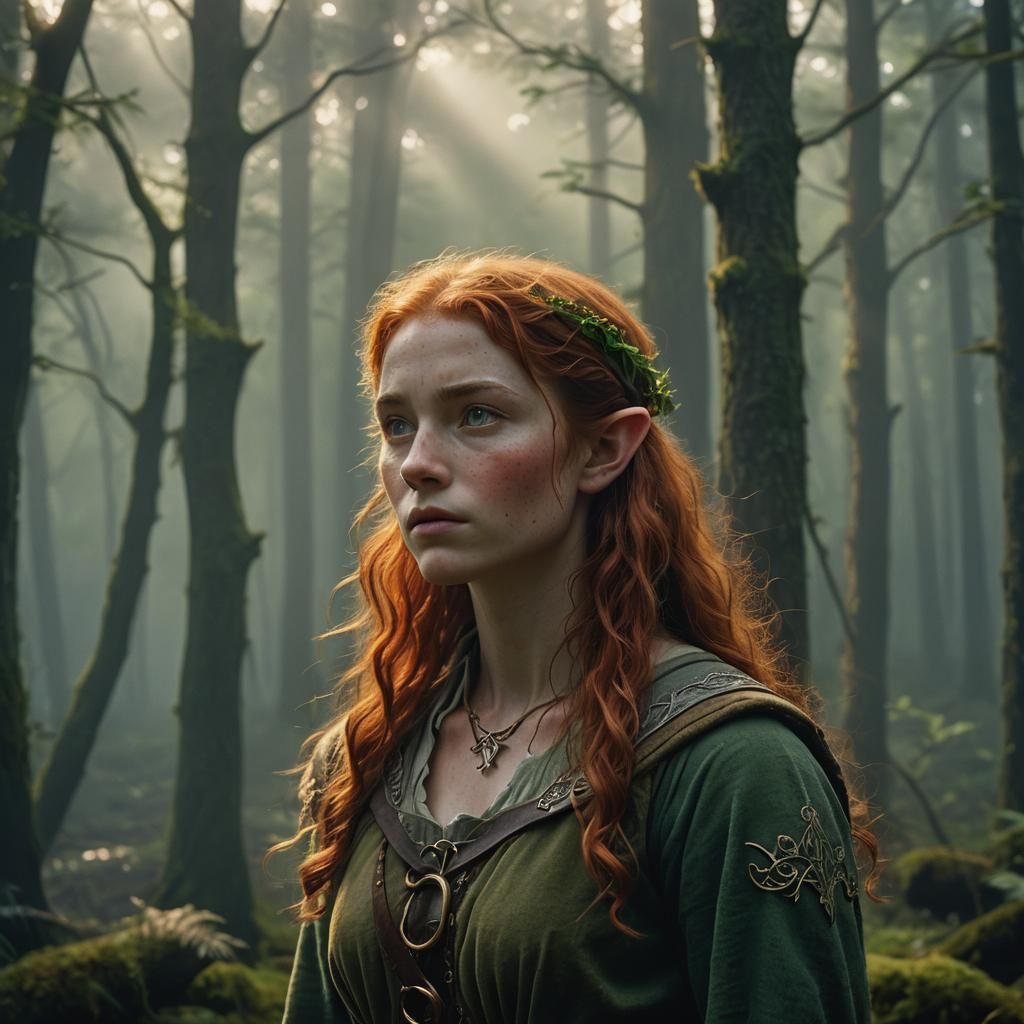Elf Ranger in Misty Forest, Cinematic Oil Painting