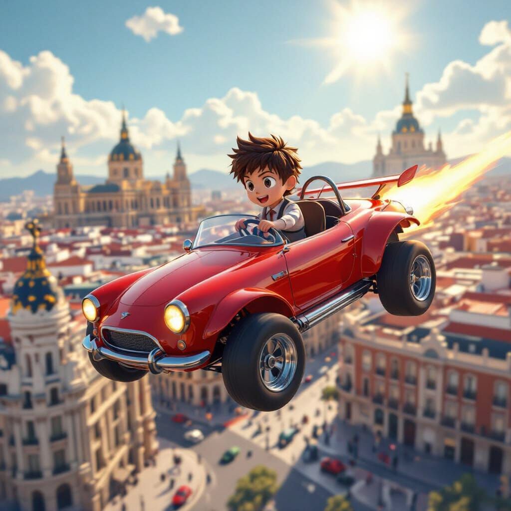 Boy Soaring Over Madrid in Flying Car: Anime Style