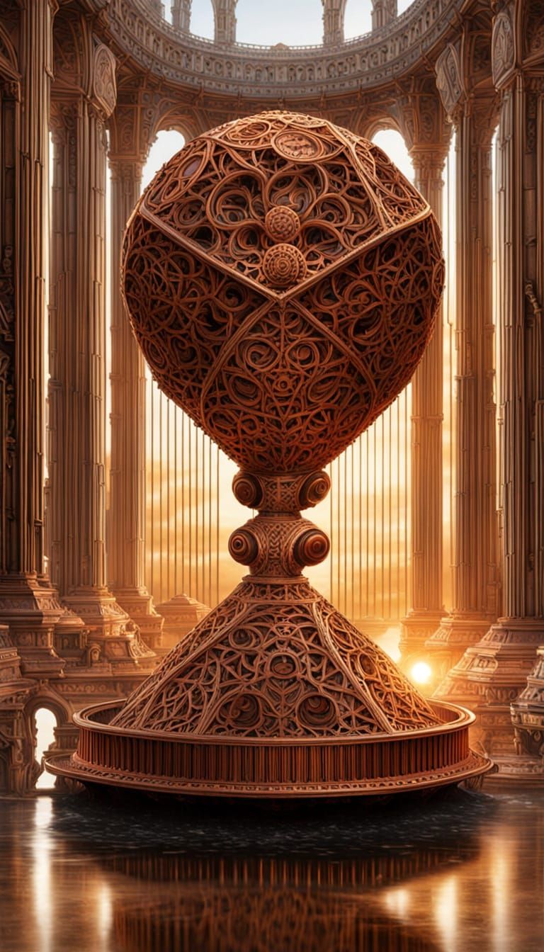 Copper Platonic Solids Over Golden Sea in Art Deco Style