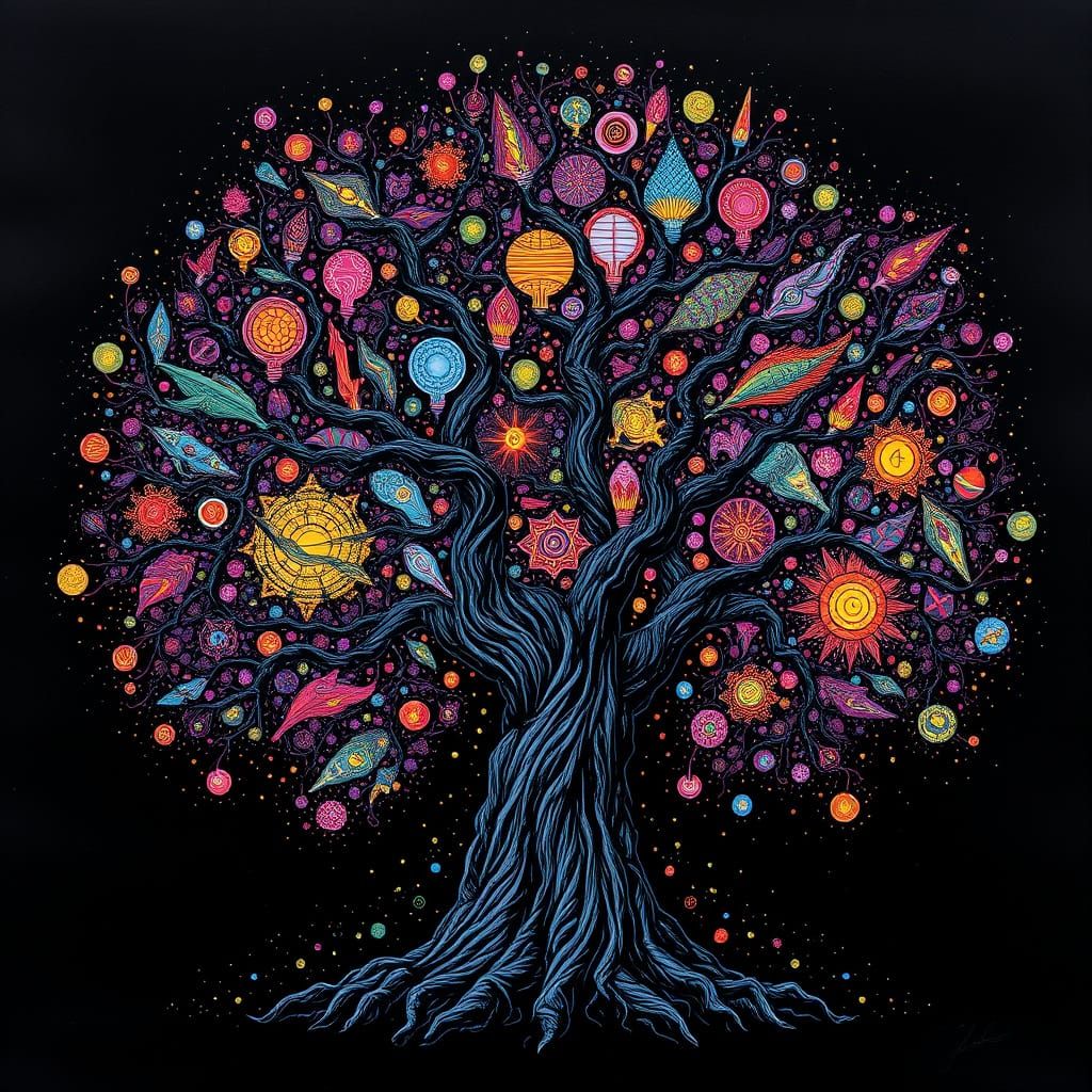 Psychedelic Ink Drawing of the Everything Tree