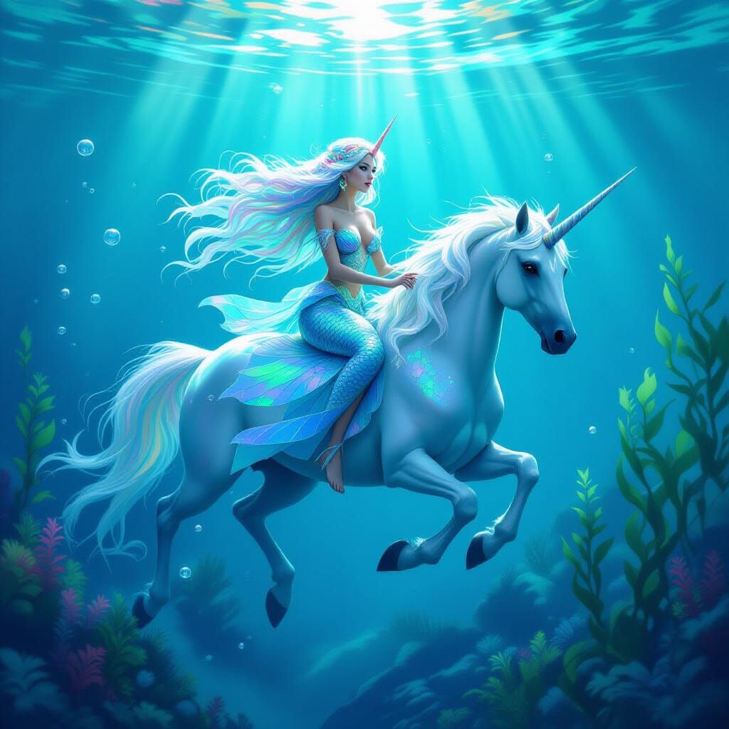 Mythical Mermaid Rides Unicorn in Underwater Dreamscape