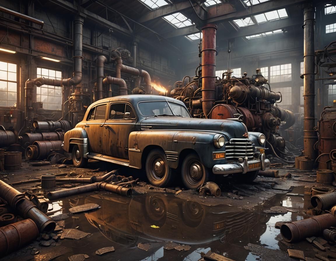 Dieselpunk Factory with Car under Stormy Sunset