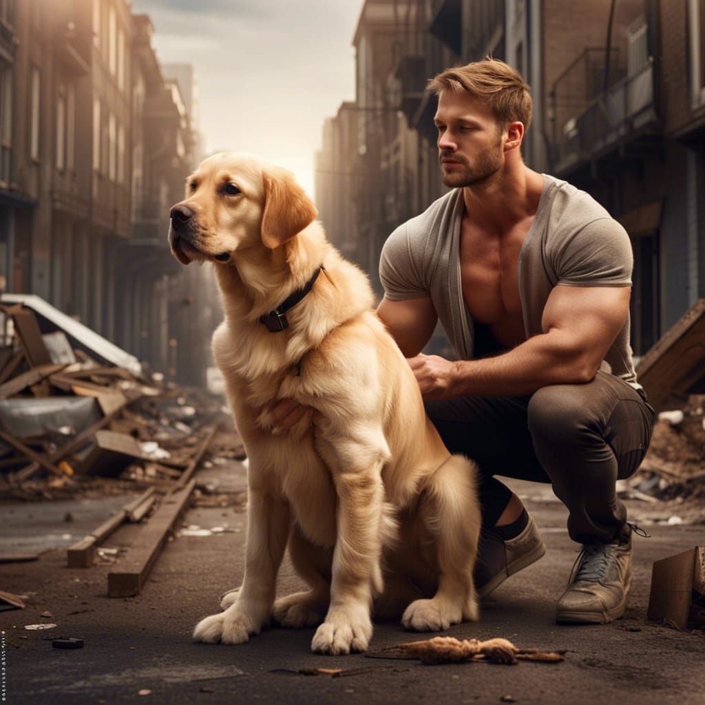 Man and Dog Amidst City Ruins