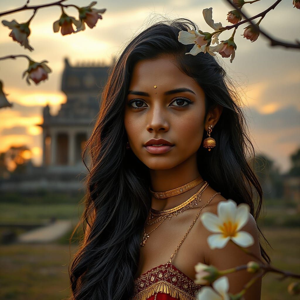 Sri Lankan Woman at Twilight Temple: Digital Painting