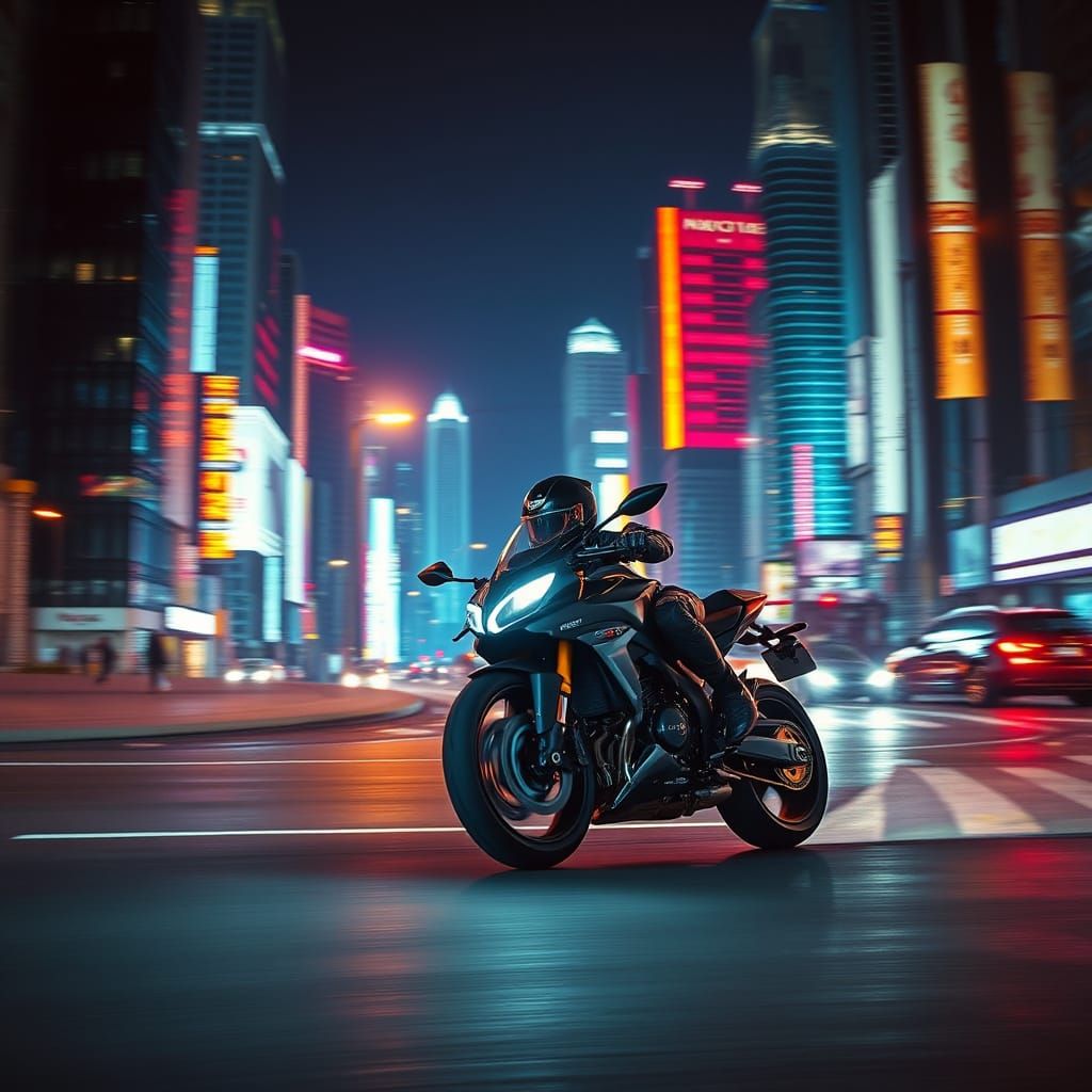 Neon Nights: Futuristic Motorcycle in High-Speed Chase