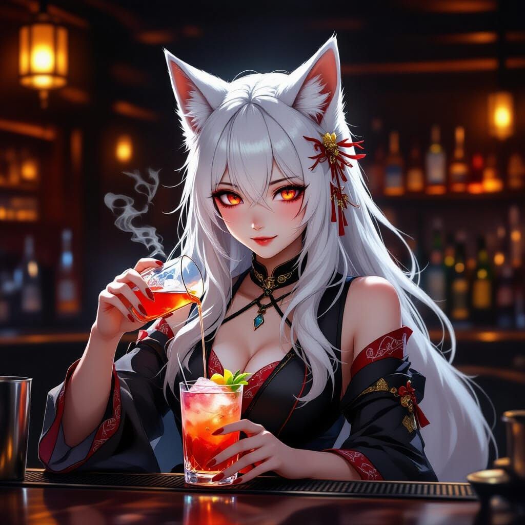 Kitsune Bartender Mixing Cocktails in Ginza Bar