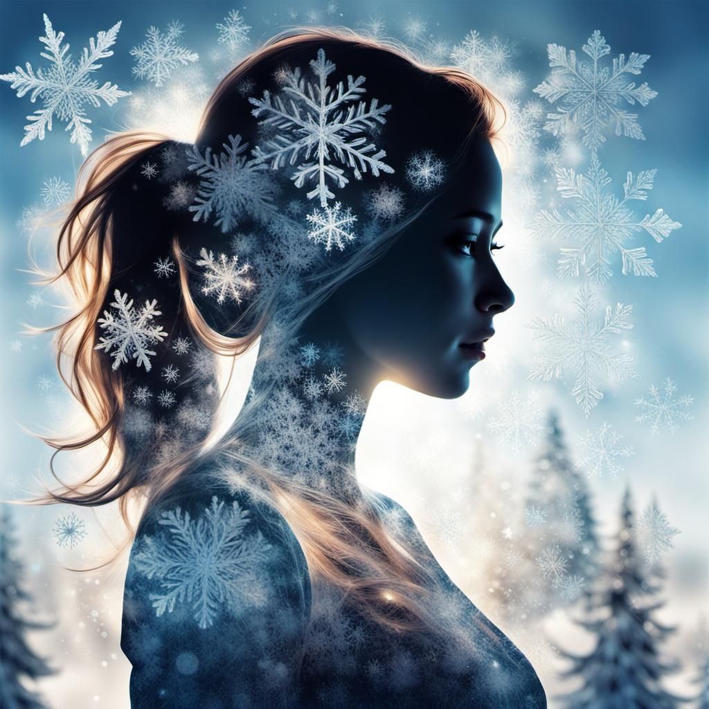 Winter Woman Silhouette in Double Exposure