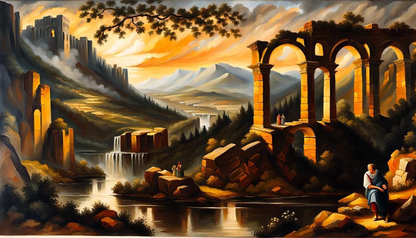 Roman Aqueduct Ruins in Golden Light, Romantic Oil Painting