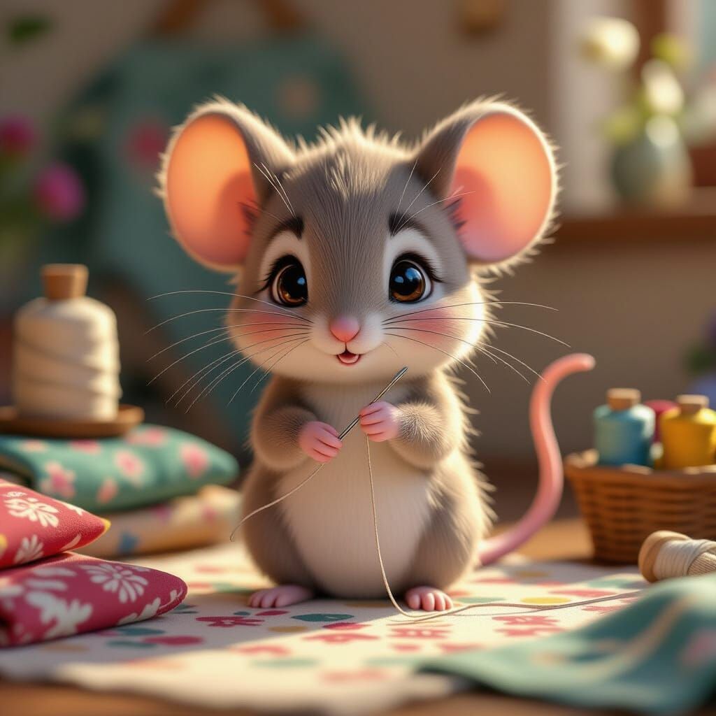 Cute Mouse Sewing in Detailed Anime Style