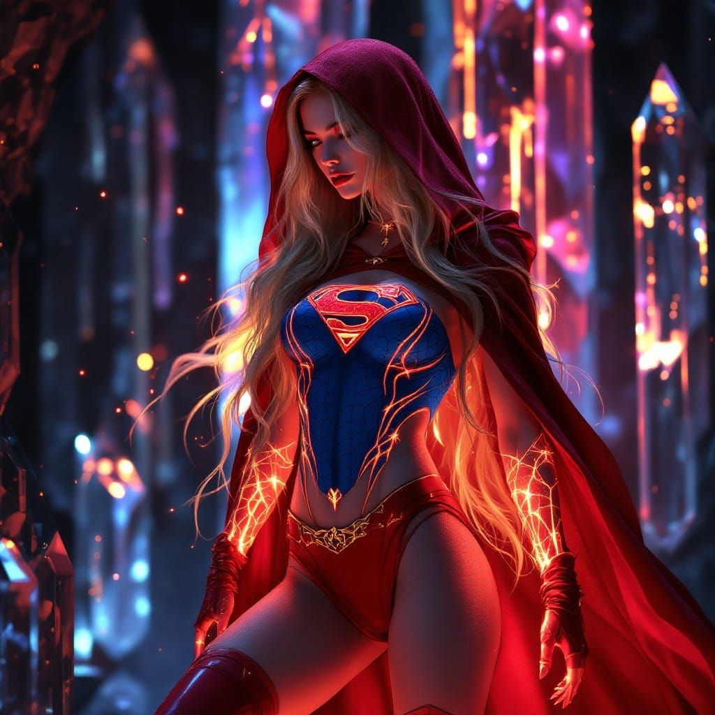 Ethereal Goth Supergirl in Majestic Red and Gold Attire