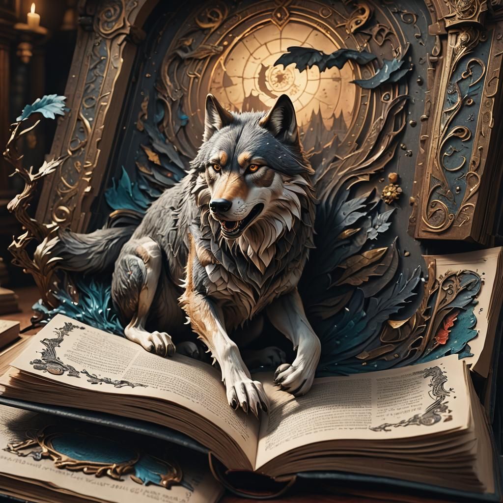 Wolf Drawing Inside Open Book, Detailed Matte Painting