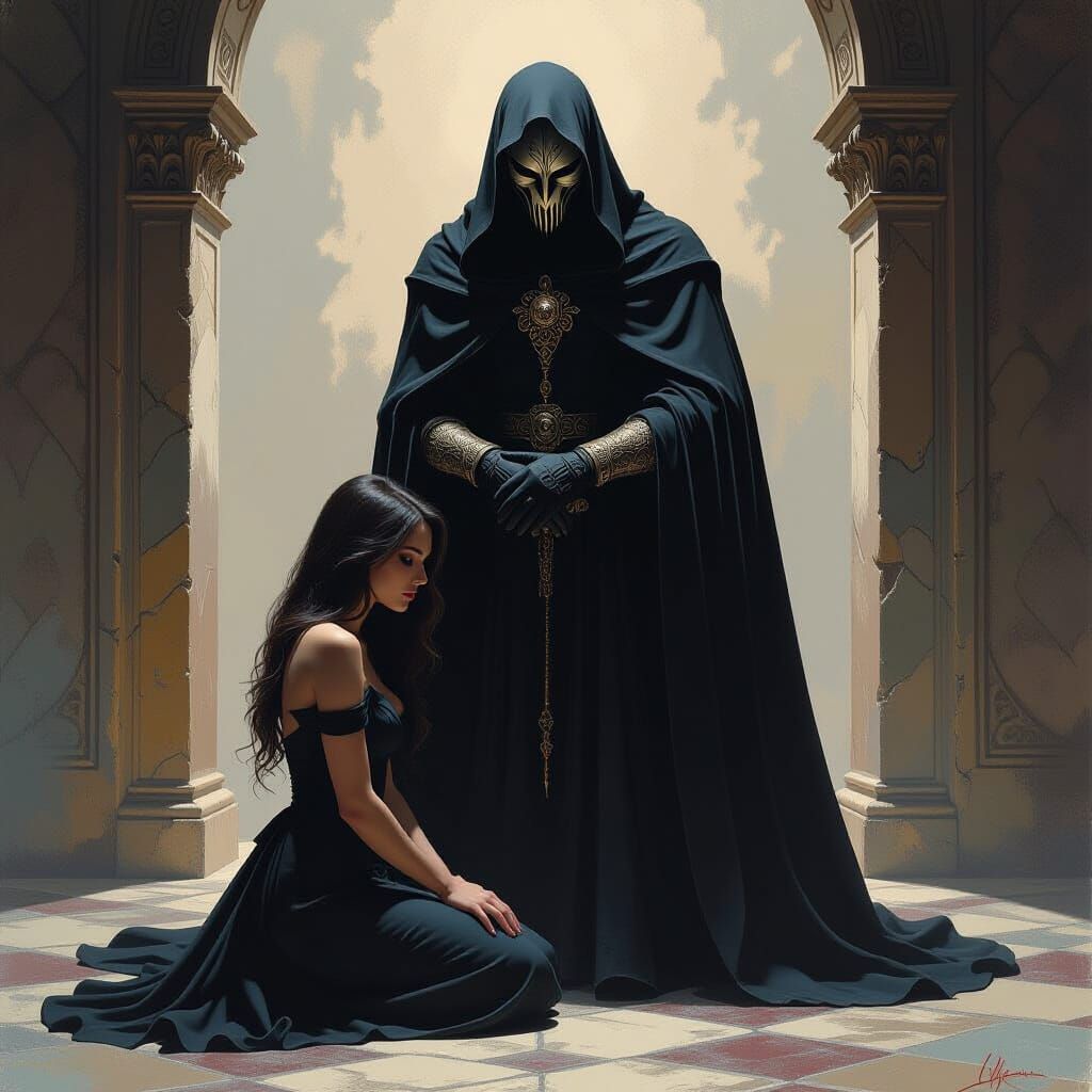 Dark Fantasy Scene: Masked Figure Overpowering Woman