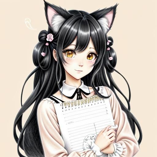 Cute Gothic Nekomimi Cat-Girl Anime Pencil Sketch