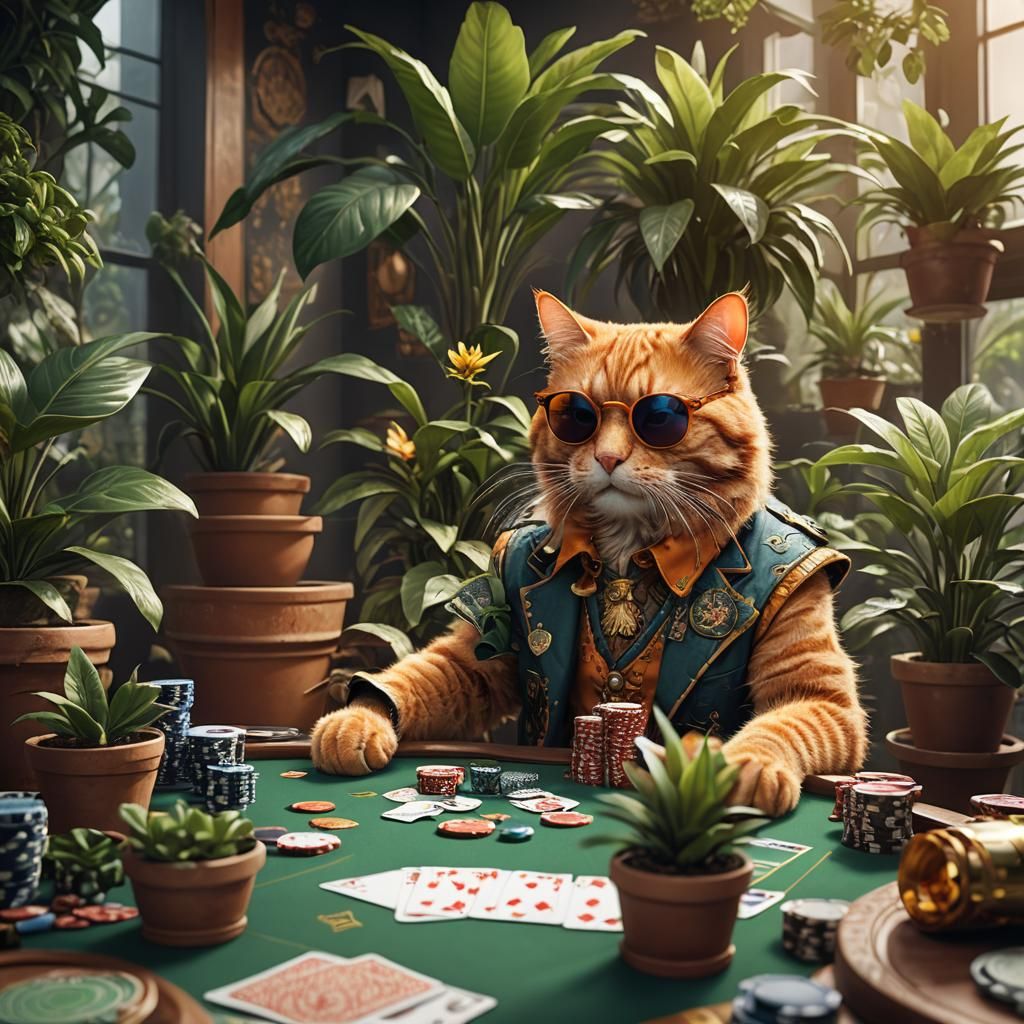 Cat Plays Poker in Detailed Matte Painting