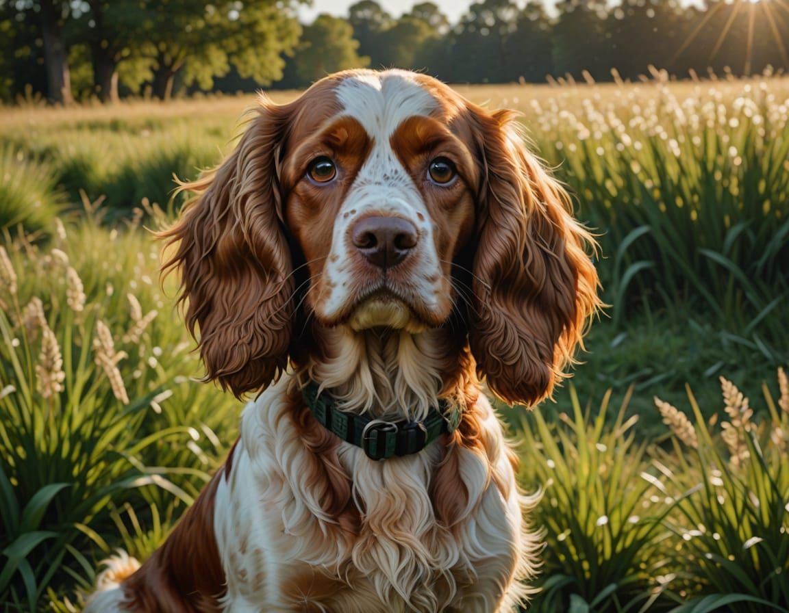 Vibrant Oil Painting of Red and White Cocker Spaniel in a Lu...