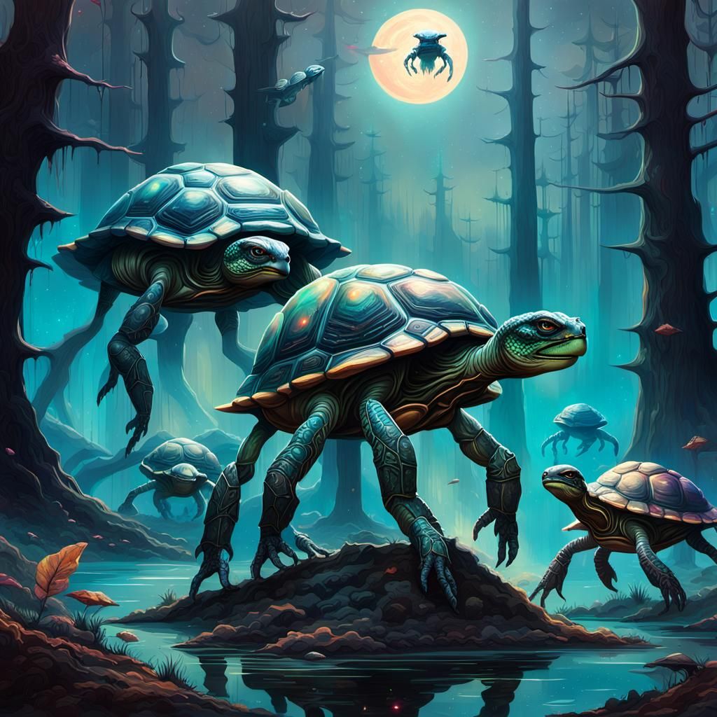 Alien Space Turtles in Starry Galaxy Cosmos