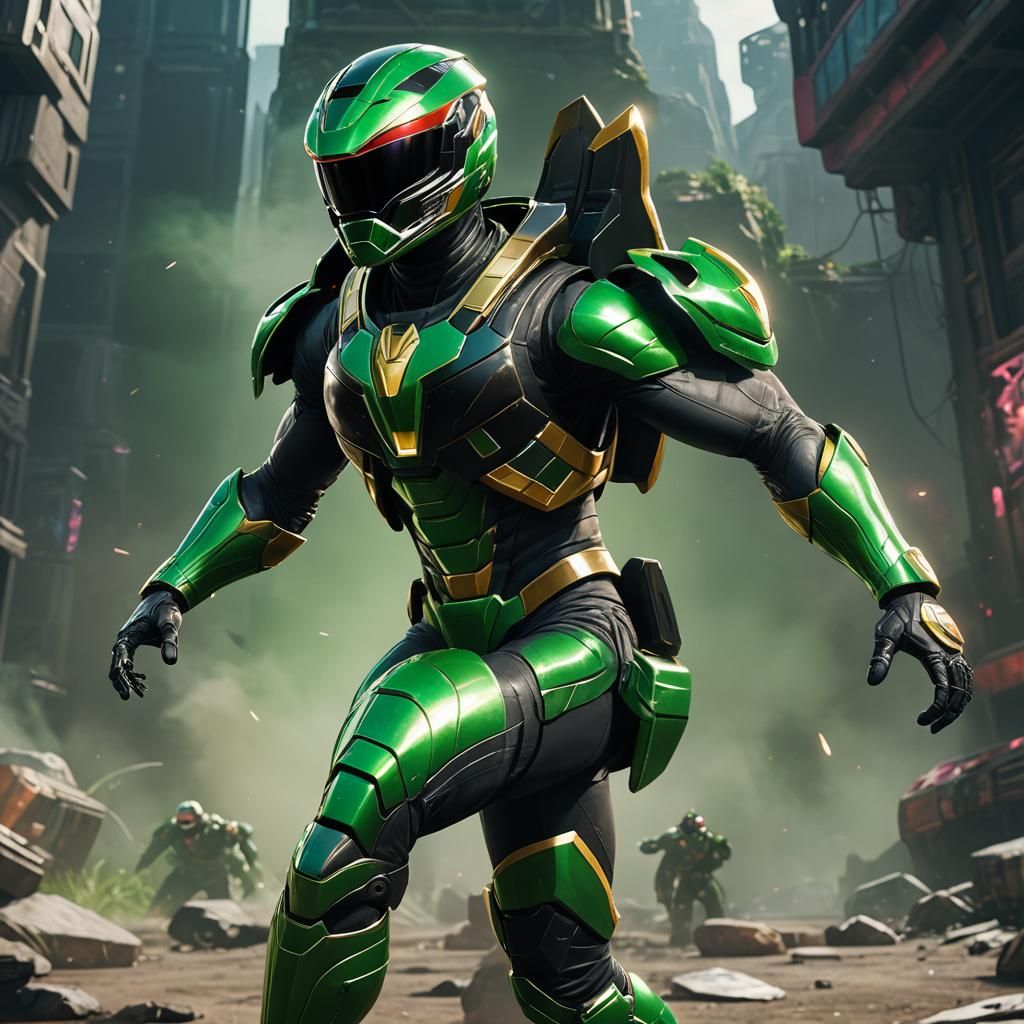 Black Space Ranger in Green Suit: 3D Render
