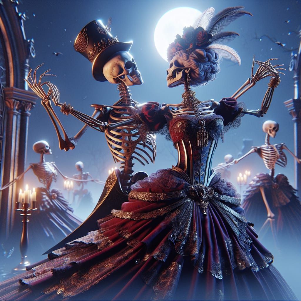 Steampunk Skeletons Waltz in Moonlit Cemetery